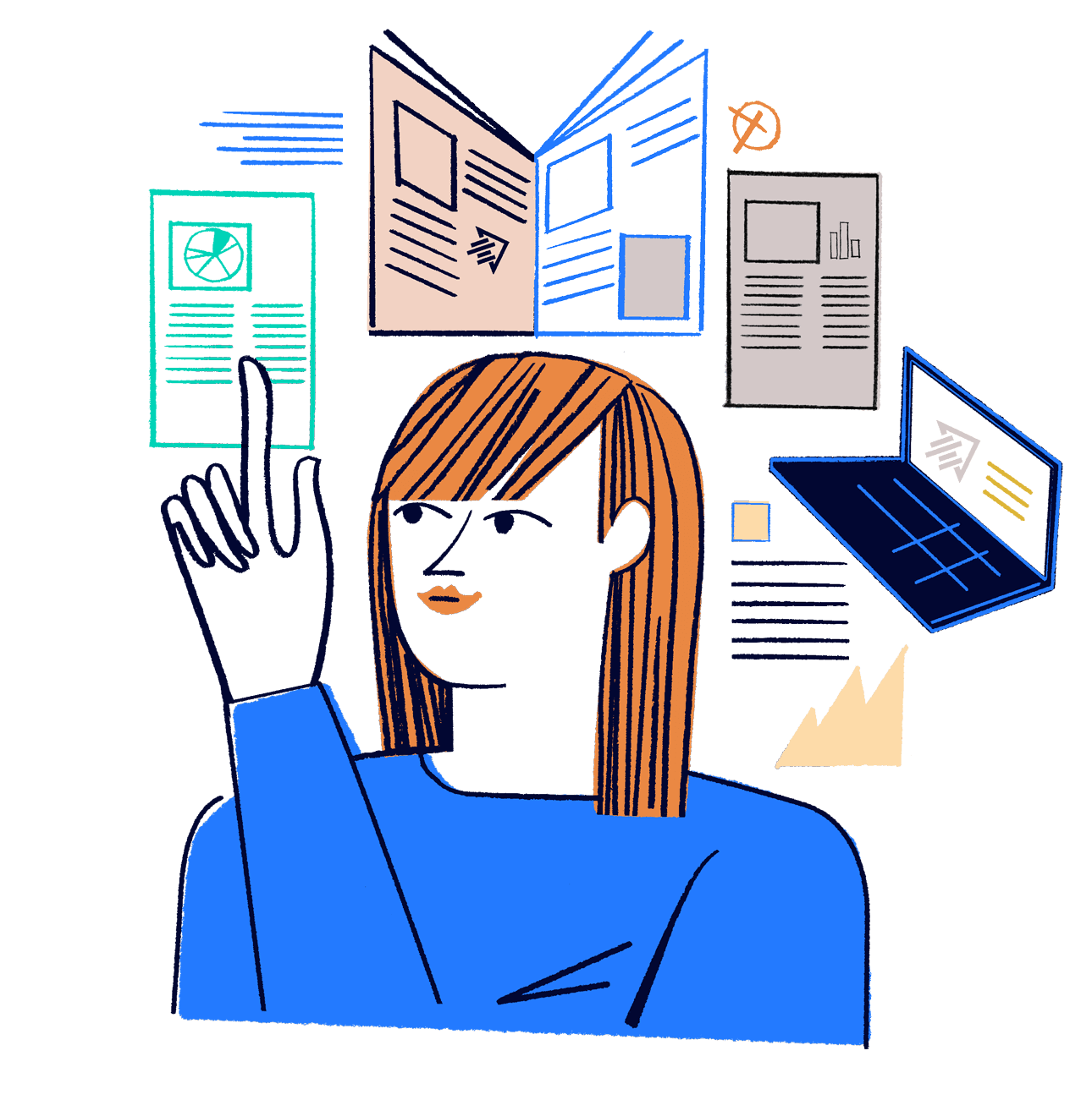 illustration of a woman reading newspaper and online articles about Profitero