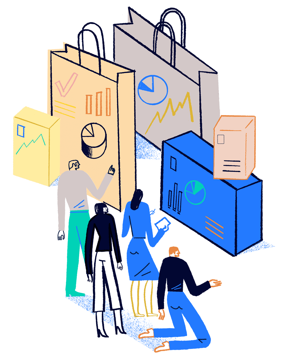 illustration of 4 people looking at data and charts on large shipping boxes and shopping bags